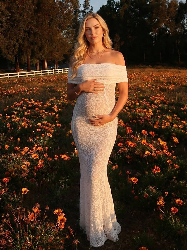 White Floral Lace Off Shoulder Bodycon Maternity Maxi Dress