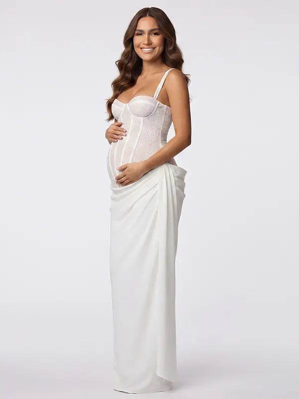 White Lace Corset Maternity Maxi Dress, Gender Reveal Dress for Baby Shower, Maternity Photoshoot, Pregnancy Announcement, Bridal Maternity Photos, Wedding Guest, Formal Events | Bumplook