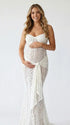white lace corset maternity maxi dress with mermaid silhouette and sweetheart neckline