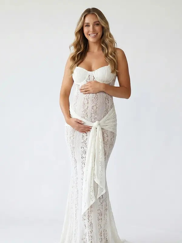 white lace corset maternity maxi dress with mermaid silhouette and sweetheart neckline