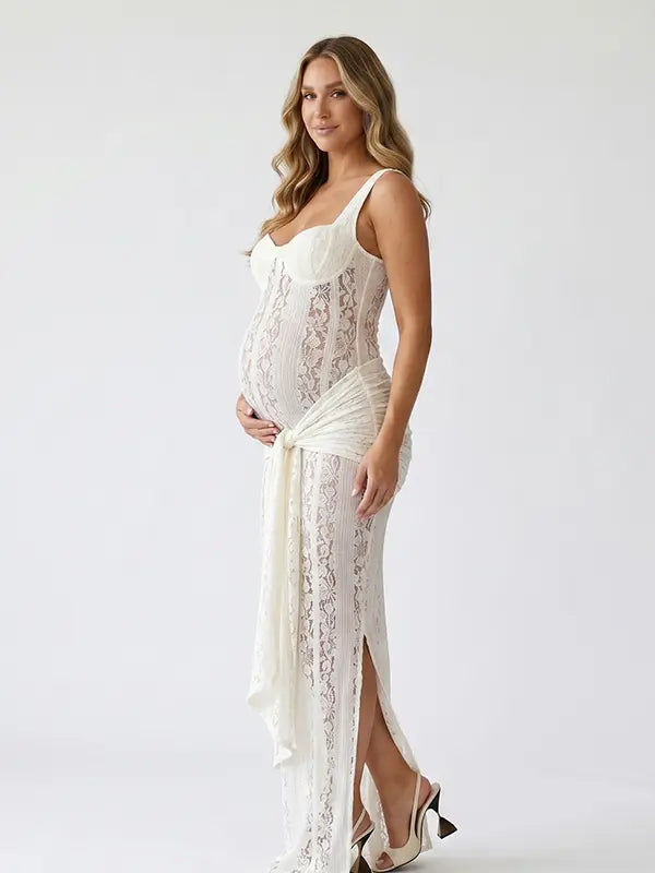 white lace corset maternity maxi dress with mermaid silhouette and sweetheart neckline