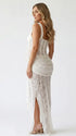 white lace corset maternity maxi dress with mermaid silhouette and sweetheart neckline