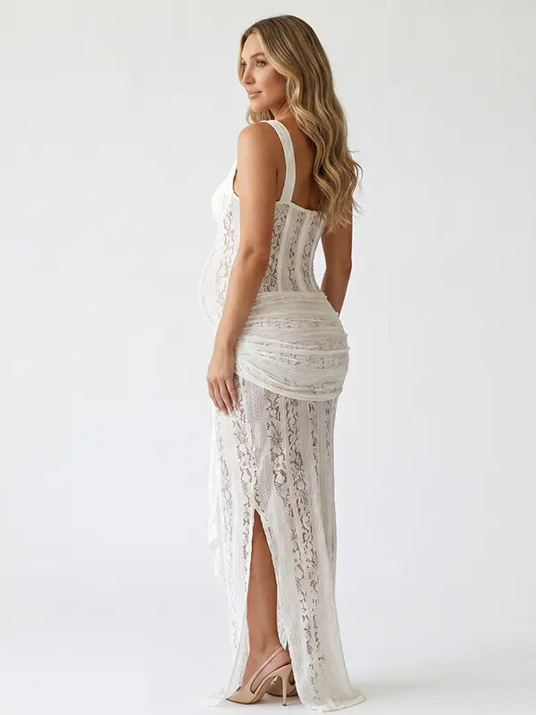 white lace corset maternity maxi dress with mermaid silhouette and sweetheart neckline