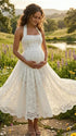 Romantic baby shower outfit with white lace maxi dress