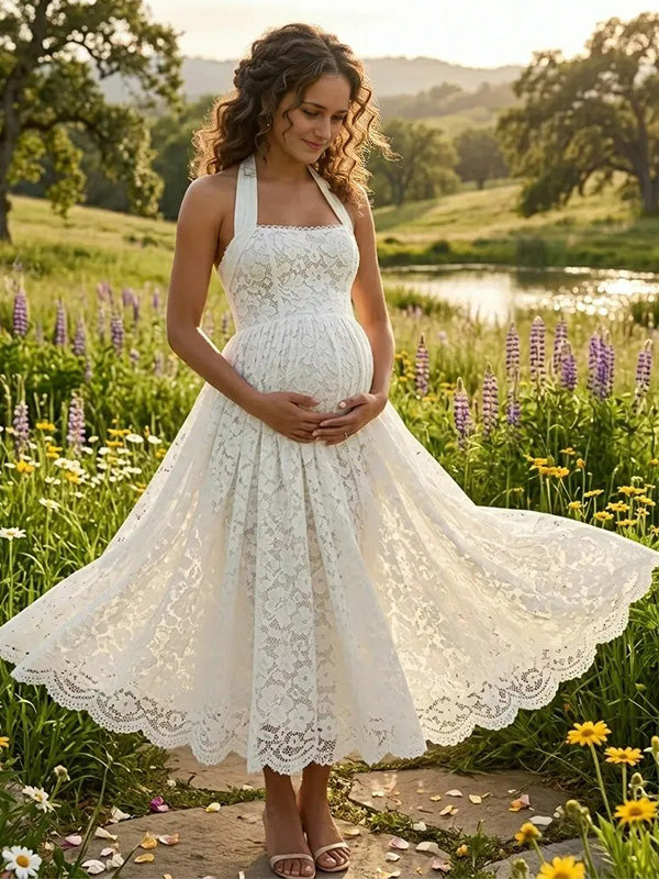 Romantic baby shower outfit with white lace maxi dress
