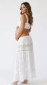 White Embroidered Maternity Maxi Skirt with Crochet Lace Panels and Drawstring Waist | Bumplook