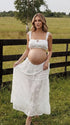 White Boho Maternity Two Piece Set with Lace Crop Top and Maxi Skirt for Outdoor Maternity Photoshoot | Bumplook