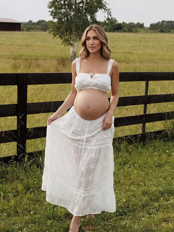 White Boho Maternity Two Piece Set with Lace Crop Top and Maxi Skirt for Outdoor Maternity Photoshoot | Bumplook