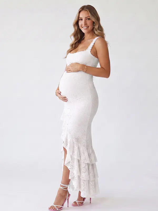White Lace Maternity Maxi Dress with Fitted Bump-Flattering Silhouette | Bumplook