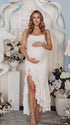 White Baby Shower Maternity Dress with Romantic Floral Lace and Ruffle Hem | Bumplook
