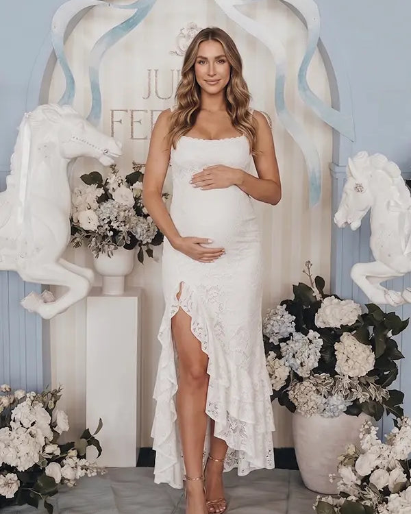 White Baby Shower Maternity Dress with Romantic Floral Lace and Ruffle Hem | Bumplook