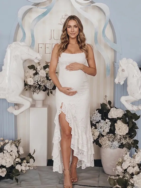 White Baby Shower Maternity Dress with Romantic Floral Lace and Ruffle Hem | Bumplook