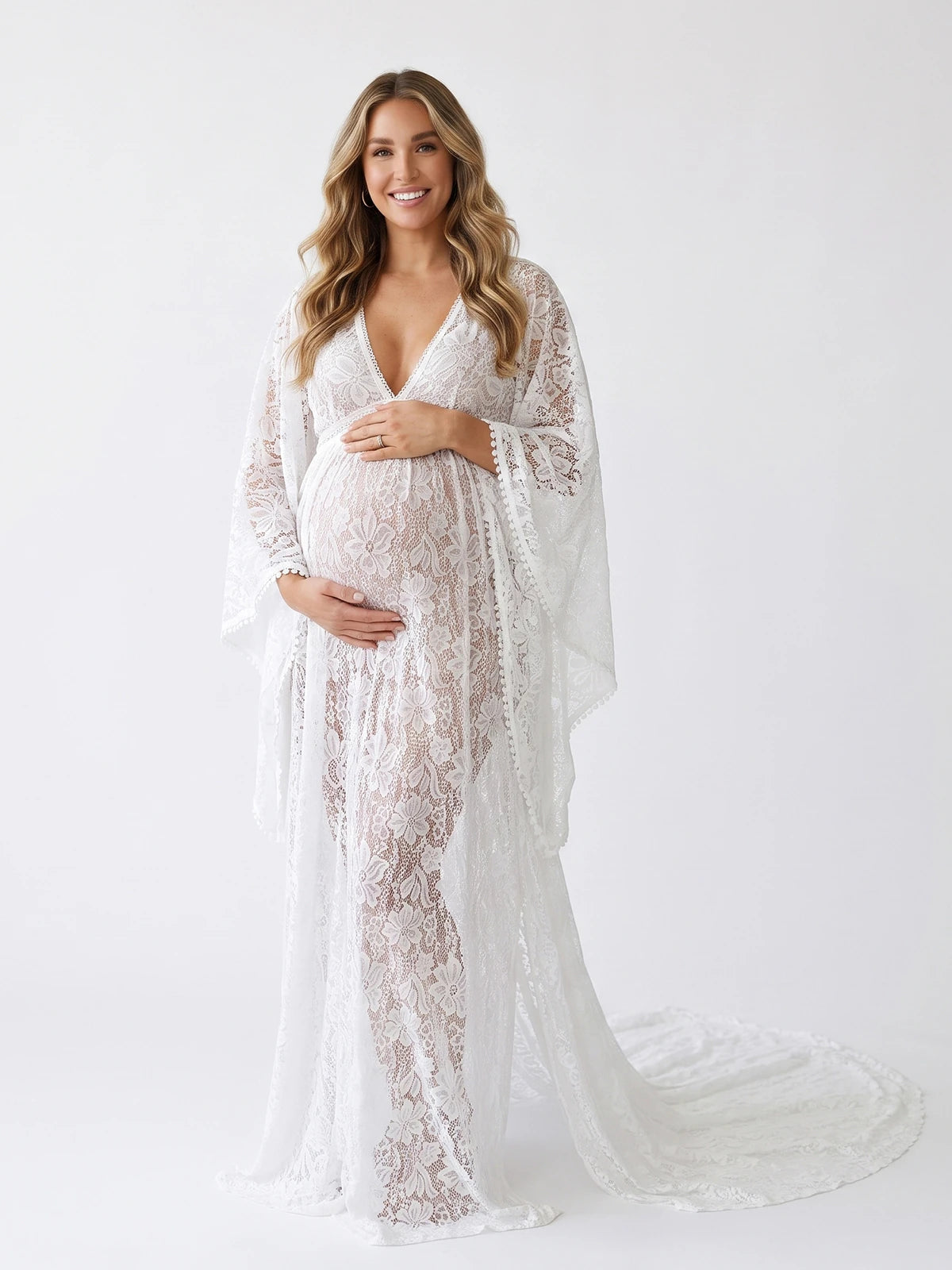 White Maternity Gown with Train, Lace Pregnancy Dress for Baby Shower, Maternity Photoshoot, Pregnancy Announcement, Bridal Shower, Formal Events | Bumplook