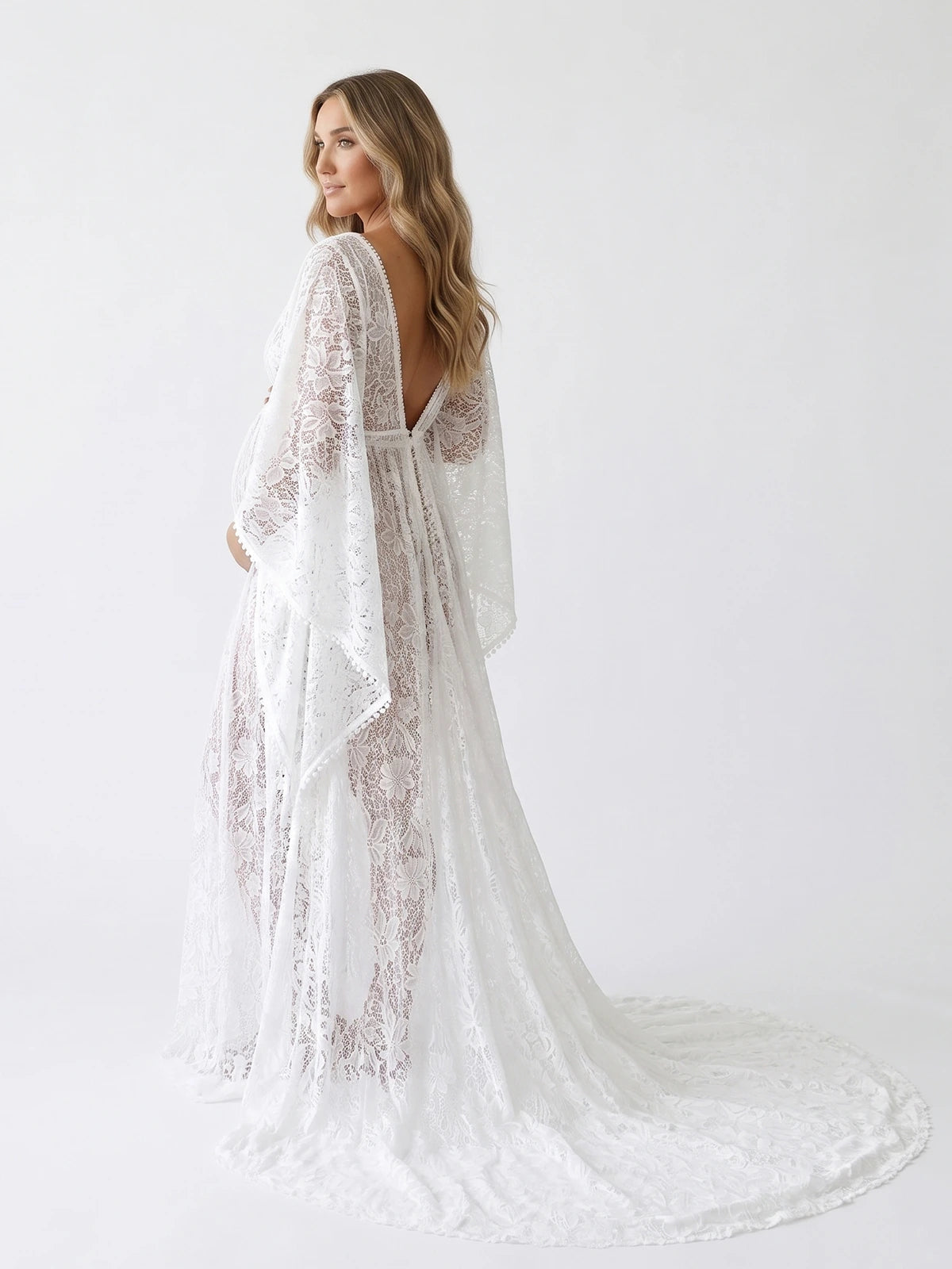 White Lace Maternity Gown with Bell Sleeves, Pregnancy Dress for Baby Shower, Maternity Photoshoot, Pregnancy Announcement, Bridal Shower, Formal Events | Bumplook