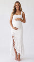 White Lace Maternity Dress with Side Slit and Cascading Ruffle Hem | Bumplook