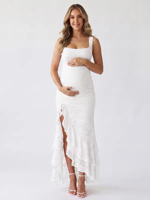 White Lace Maternity Dress with Side Slit and Cascading Ruffle Hem | Bumplook