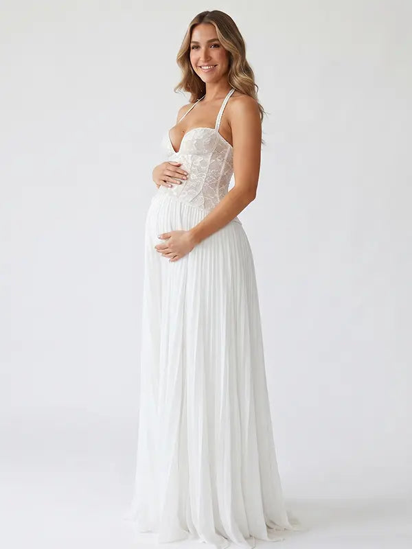 Ivory White Maternity Dress, Halter Pleated Pregnancy Maxi Dress for Baby Shower, Maternity Photoshoot, Gender Reveal, Pregnancy Announcement, Bridal Shower, Formal Events | Bumplook