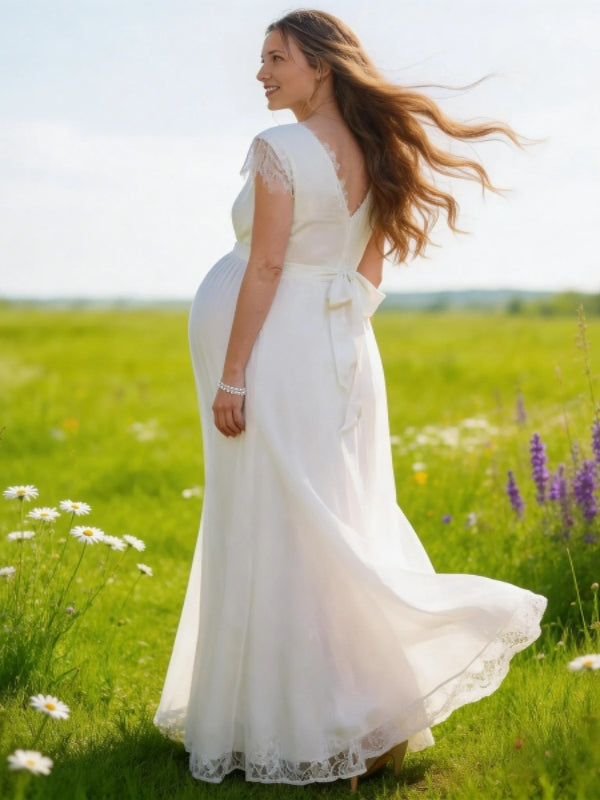 White boho maternity maxi dress for baby shower,photoshoot,gender reveal-back view