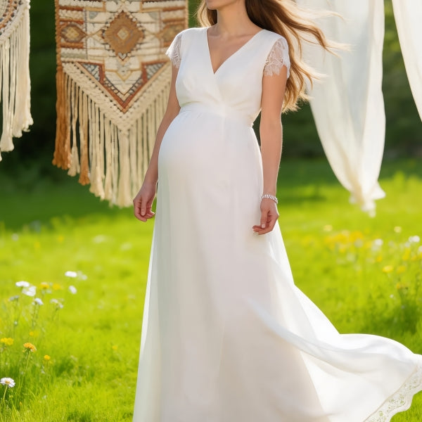 White boho maternity maxi dress for baby shower,photoshoot,gender reveal