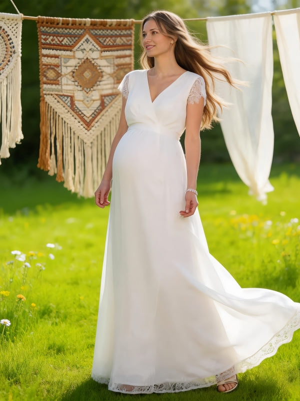 White boho maternity maxi dress for baby shower,photoshoot,gender reveal