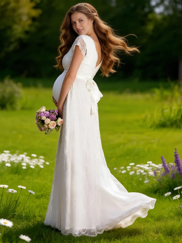 White boho maternity maxi dress for baby shower,photoshoot,gender reveal-side view