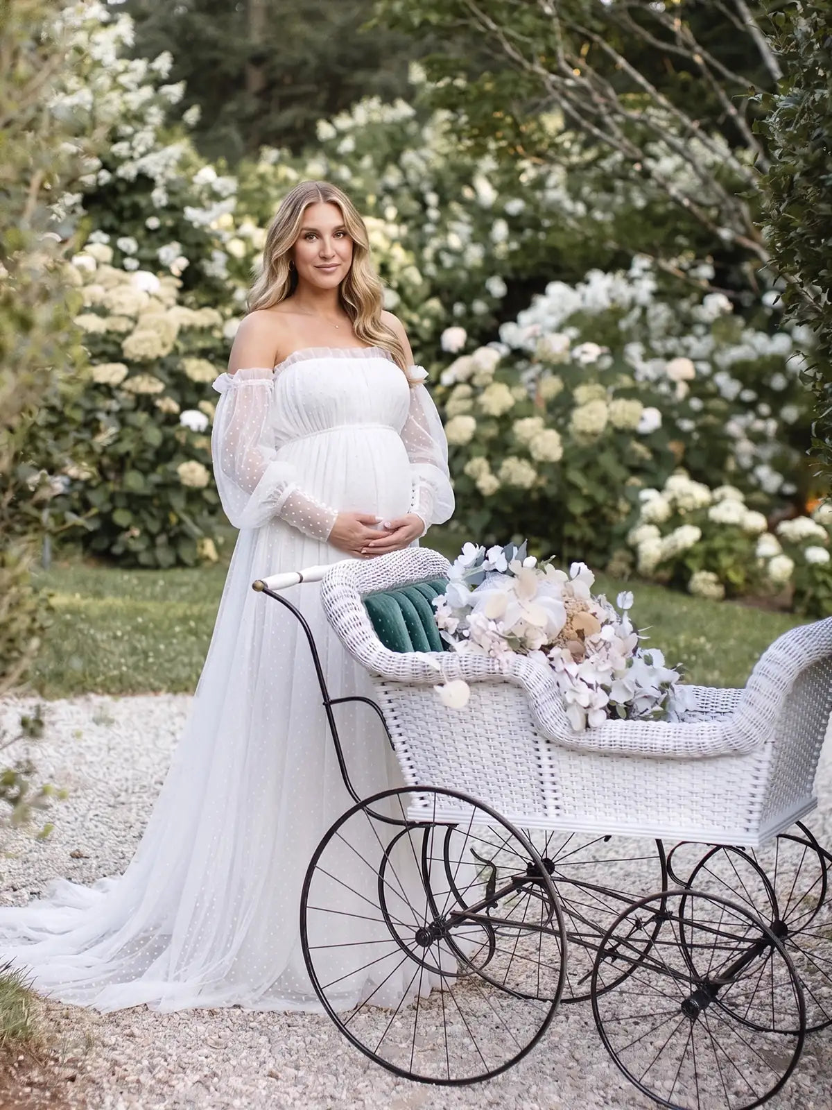 White Maternity Photoshoot Gown, Swiss Dot Dress for Baby Shower, Pregnancy Announcement, Gender Reveal, Bridal Shower, Formal Events | Bumplook