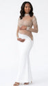 A white long sleeve rhinestone illusion mesh maternity mermaid maxi dress for luxury maternity photoshoots, baby showers, pregnancy announcements, and elegant formal events.