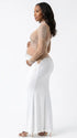 A white long sleeve rhinestone illusion mesh maternity mermaid maxi dress for luxury maternity photoshoots, baby showers, pregnancy announcements, and elegant formal events.
