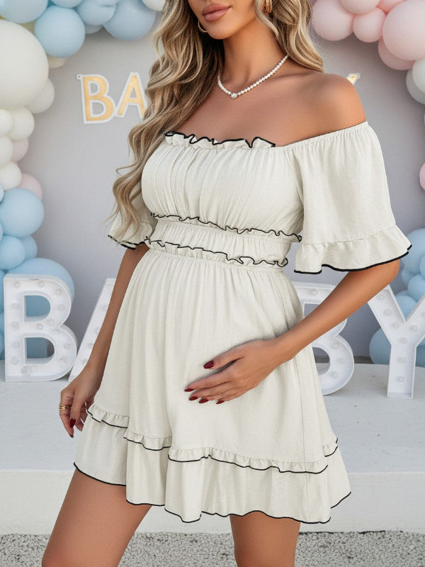 White Puff Sleeves Maternity Mini Dress – Baby Shower Photoshoot Dress