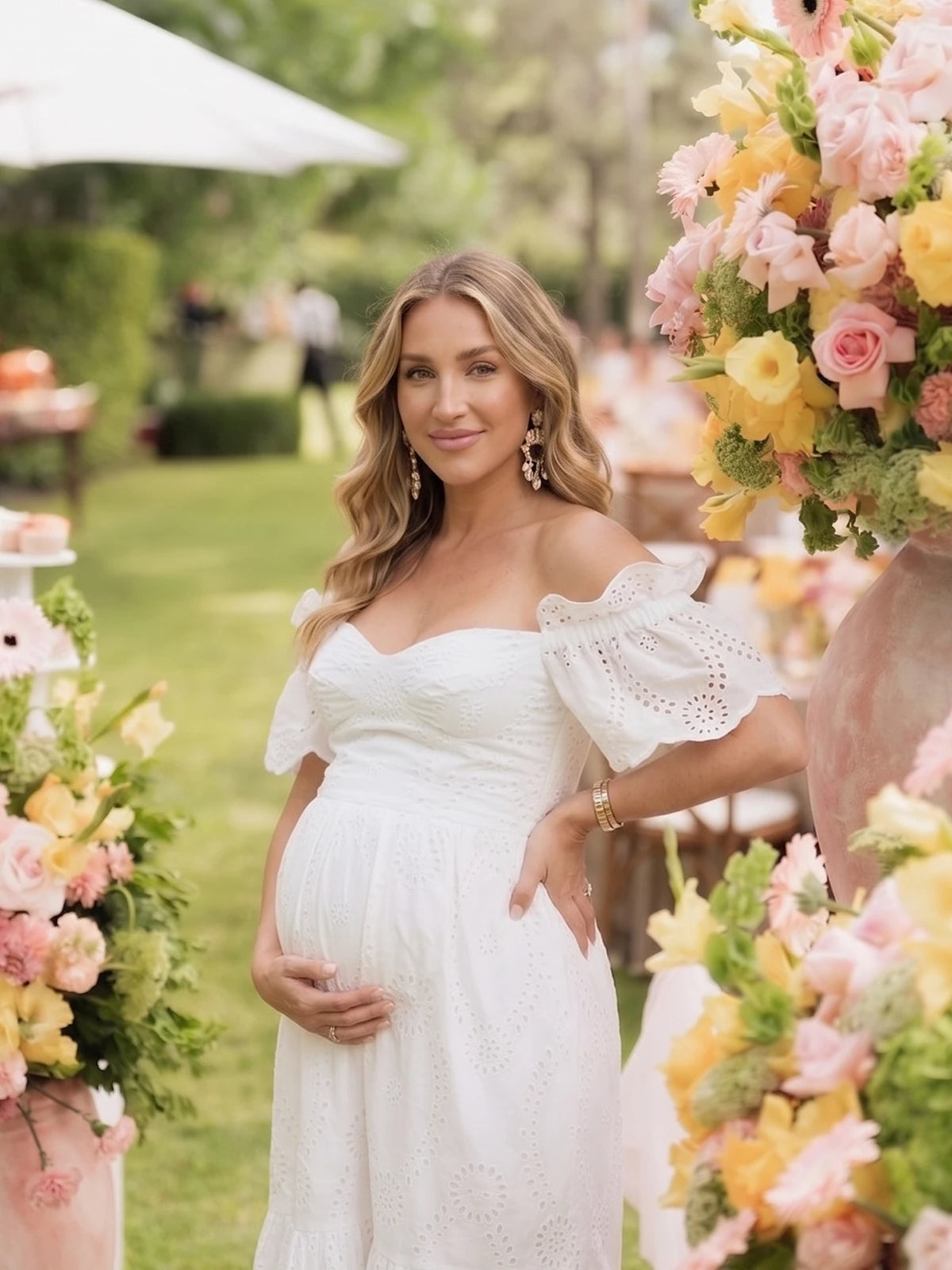 White Eyelet Maternity Midi Dress, Off Shoulder Pregnancy Dress with Flutter Sleeves and Scalloped Hem | Bumplook