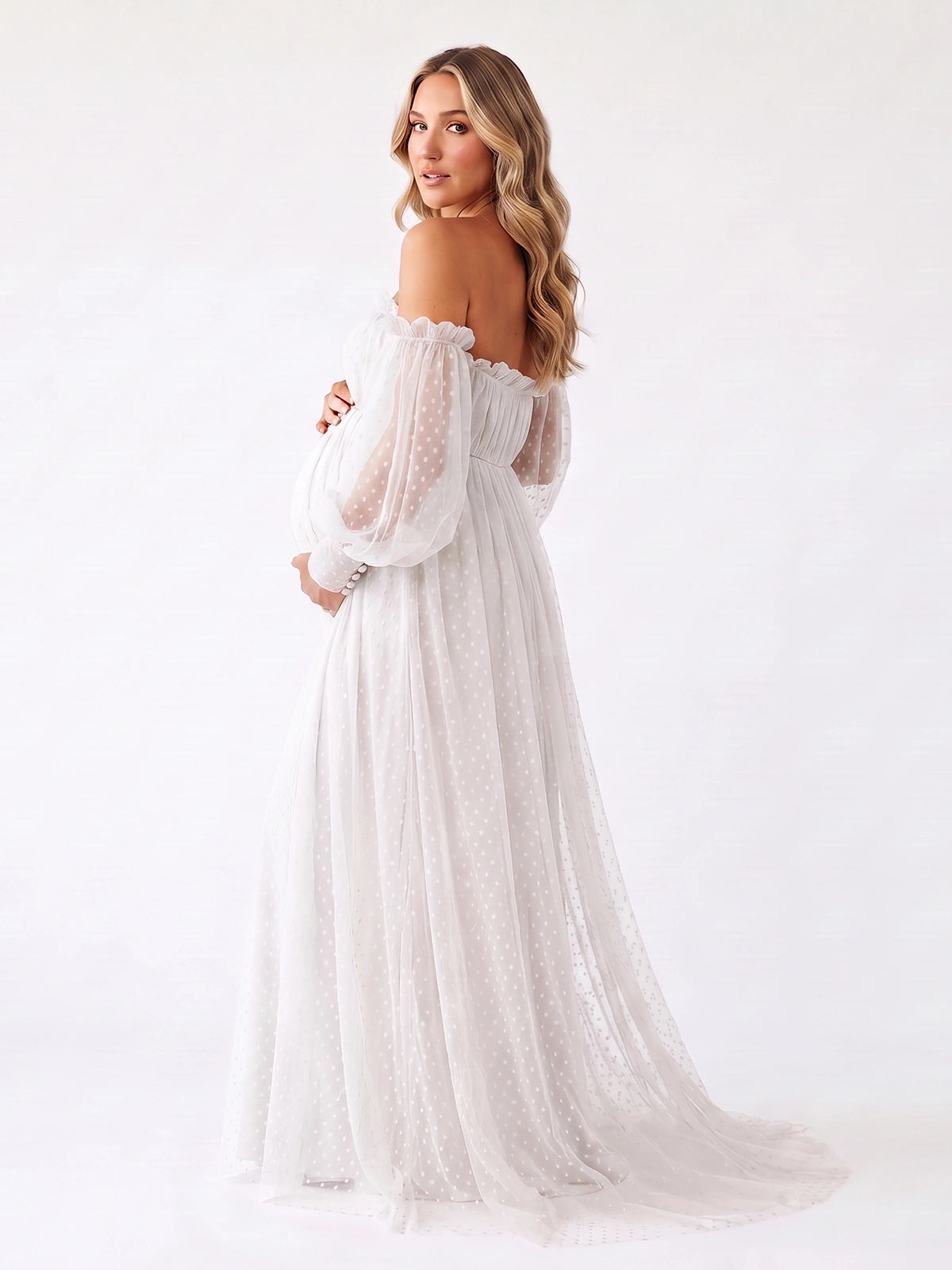 White Long Sleeve Maternity Photoshoot Gown, Swiss Dot Dress for Baby Shower, Pregnancy Announcement, Bridal Shower, Gender Reveal, Formal Events | Bumplook