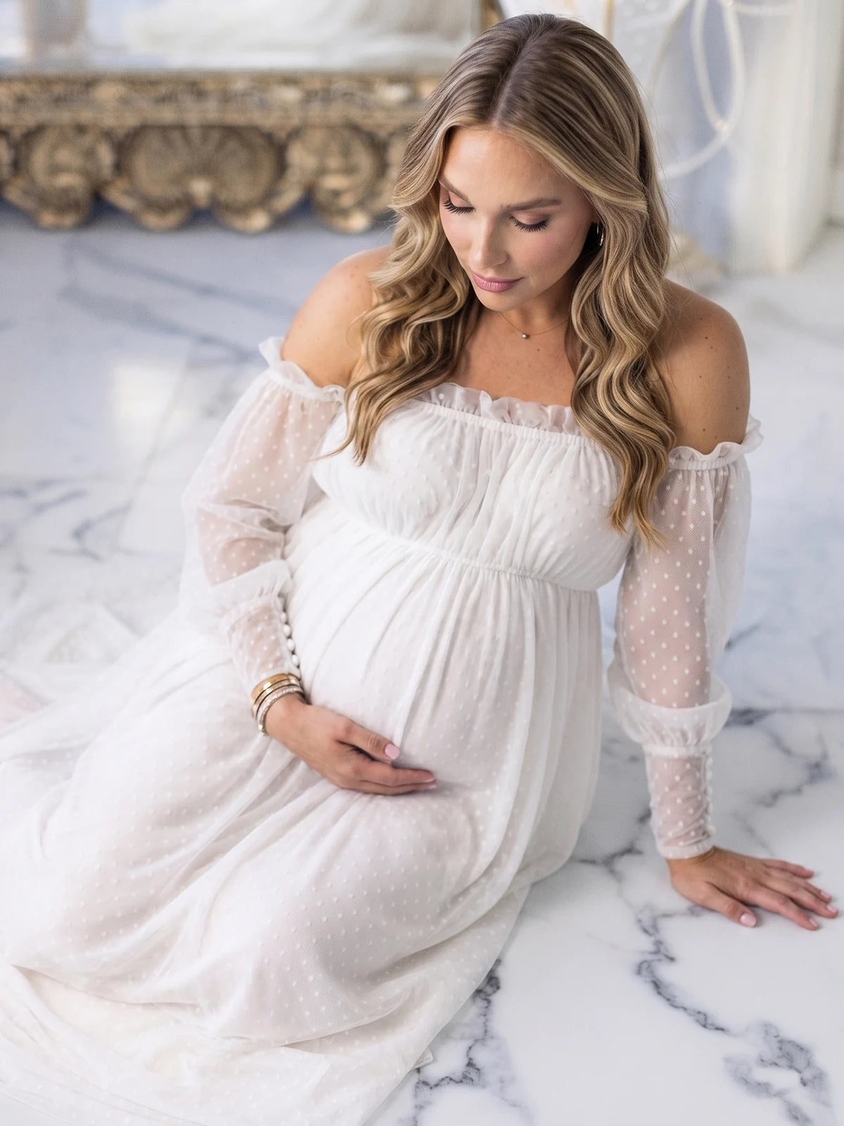 White Maternity Gown, Long Sleeve Pregnancy Dress for Baby Shower, Maternity Photoshoot, Gender Reveal, Pregnancy Announcement, Formal Events | Bumplook