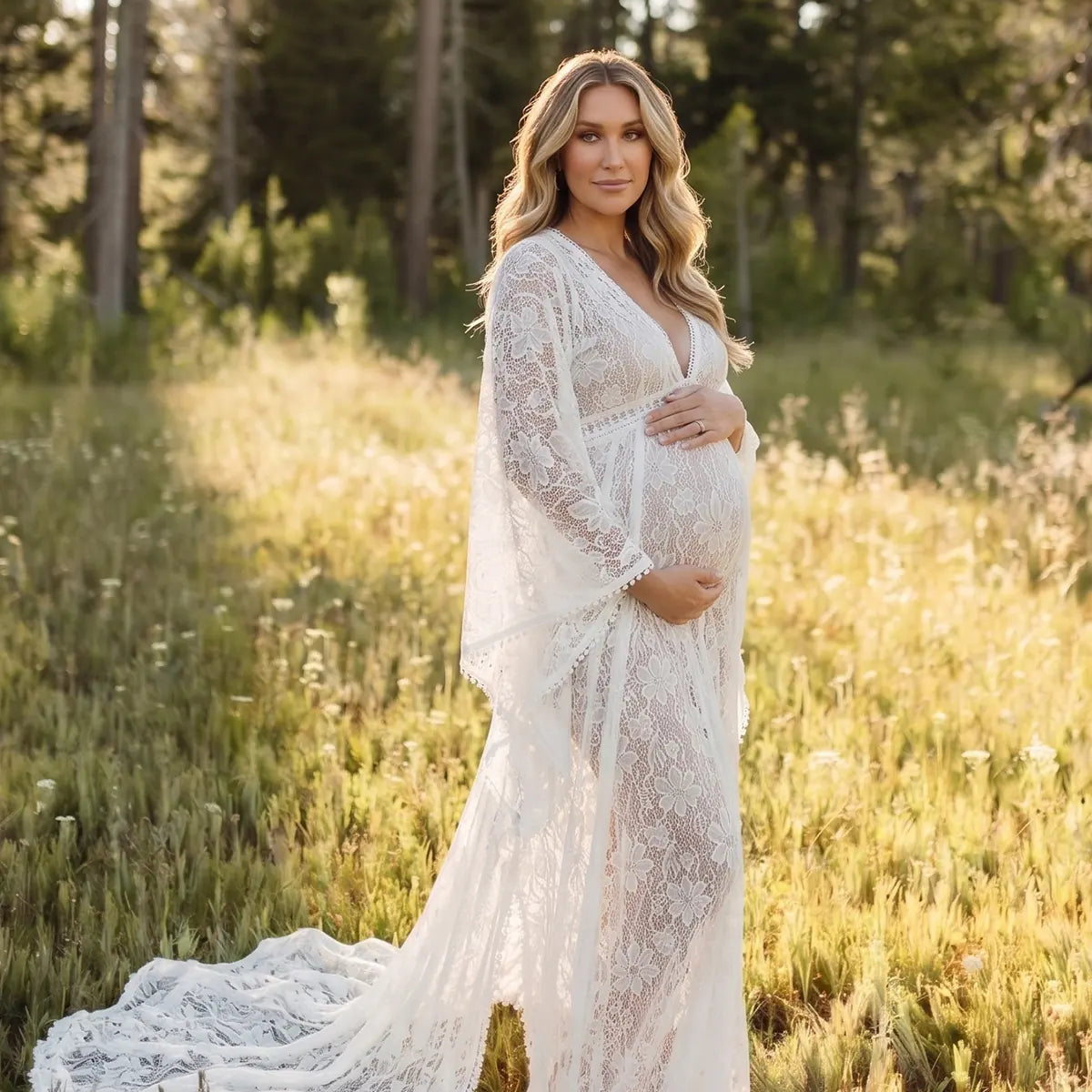 White Boho Maternity Photoshoot Dress, Lace Pregnancy Gown for Baby Shower, Maternity Photoshoot, Pregnancy Announcement, Bridal Shower, Formal Events | Bumplook