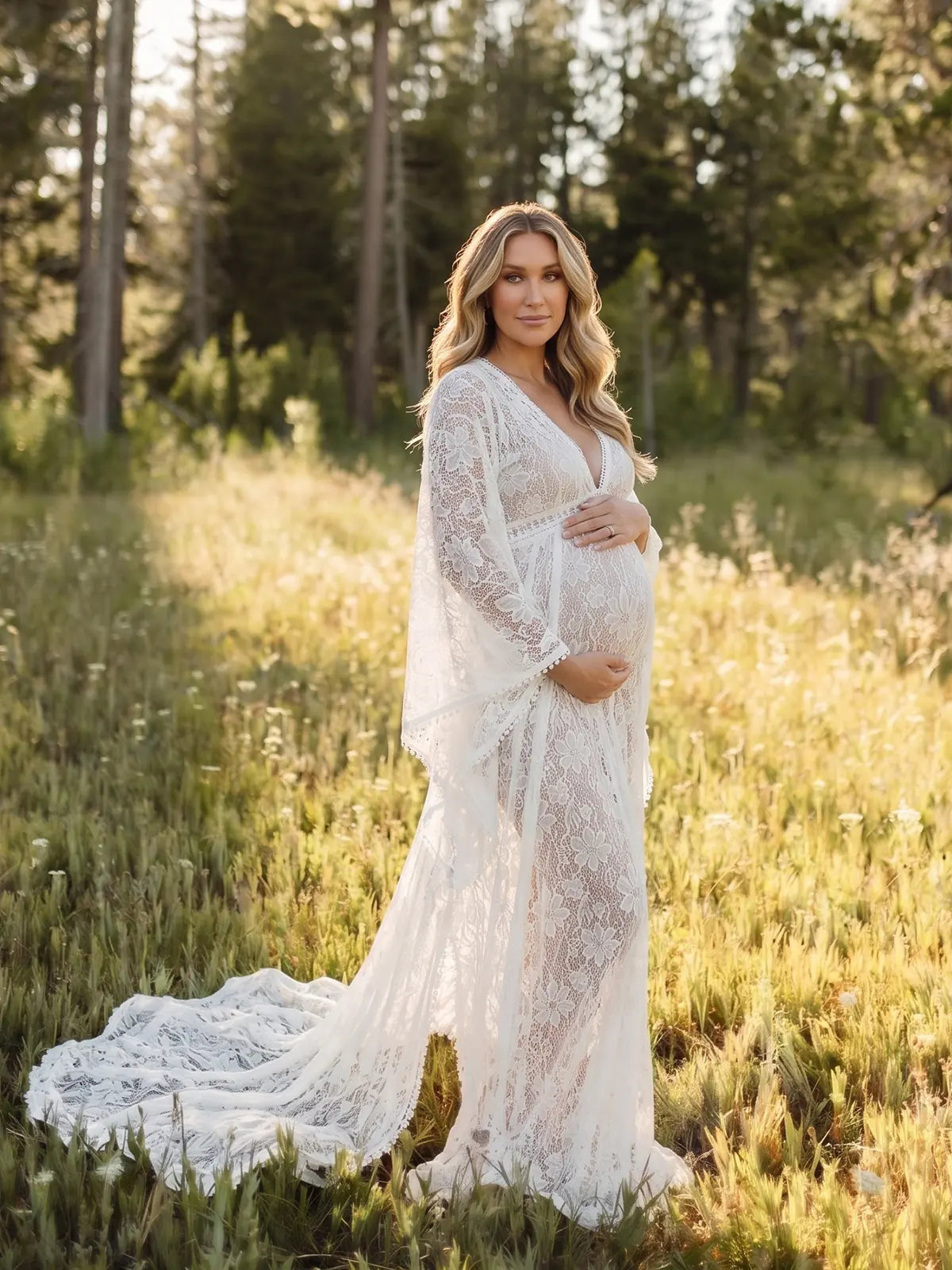White Boho Maternity Photoshoot Dress, Lace Pregnancy Gown for Baby Shower, Maternity Photoshoot, Pregnancy Announcement, Bridal Shower, Formal Events | Bumplook
