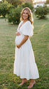 White v neck maternity maxi dress for baby shower, gender reveal and maternity photoshoot.