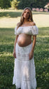 White Maternity Maxi Skirt with Crochet Lace Panels and Adjustable Drawstring Waist | Bumplook