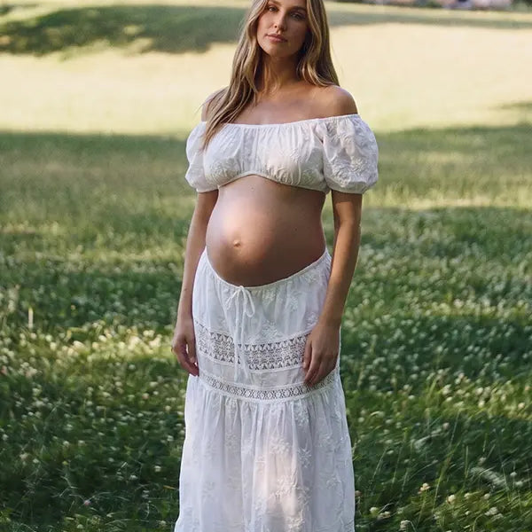 White Maternity Maxi Skirt with Crochet Lace Panels and Adjustable Drawstring Waist | Bumplook