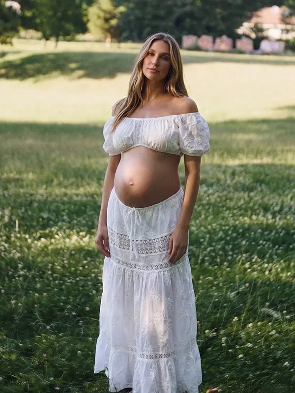 White Maternity Maxi Skirt with Crochet Lace Panels and Adjustable Drawstring Waist | Bumplook
