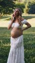White Maternity Two Piece Set with Crop Top and Maxi Skirt for Outdoor Maternity Photoshoot | Bumplook