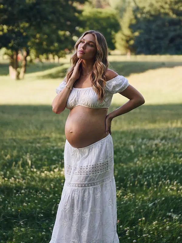 White Maternity Two Piece Set with Crop Top and Maxi Skirt for Outdoor Maternity Photoshoot | Bumplook