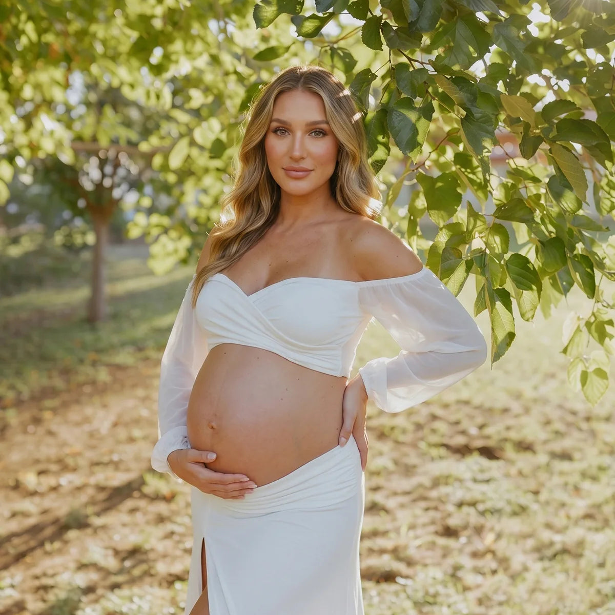 White Maternity Crop Top and Skirt, Two Piece Pregnancy Photoshoot Outfit for Studio Maternity Portraits | Bumplook