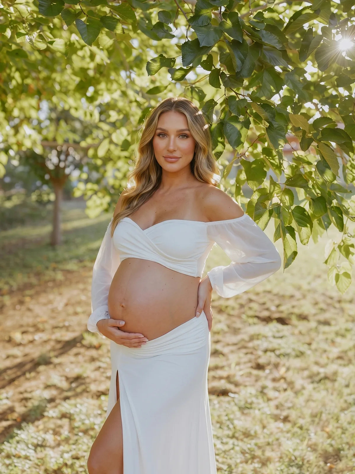 White Maternity Crop Top and Skirt, Two Piece Pregnancy Photoshoot Outfit for Studio Maternity Portraits | Bumplook