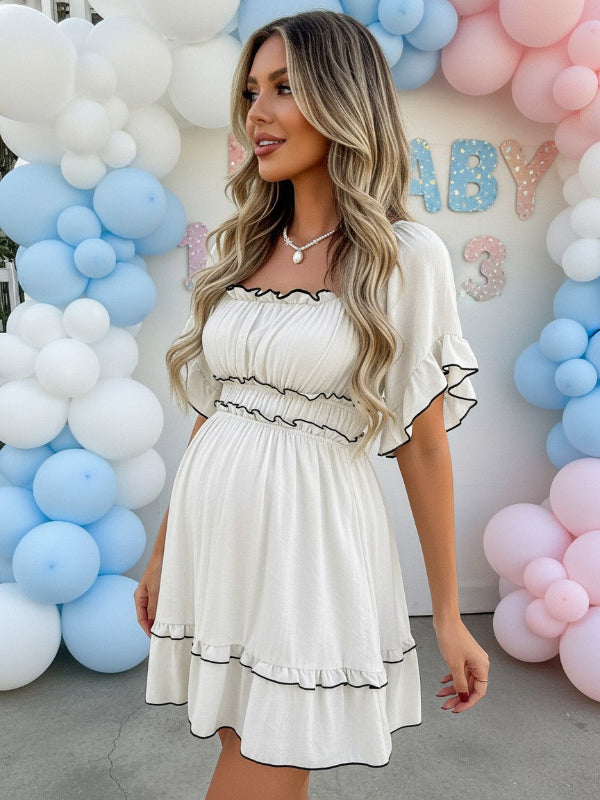 White Puff Sleeves Maternity Mini Dress – Baby Shower Photoshoot Dress
