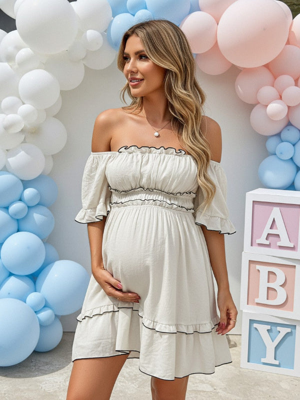 White Puff Sleeves Maternity Mini Dress – Baby Shower Photoshoot Dress