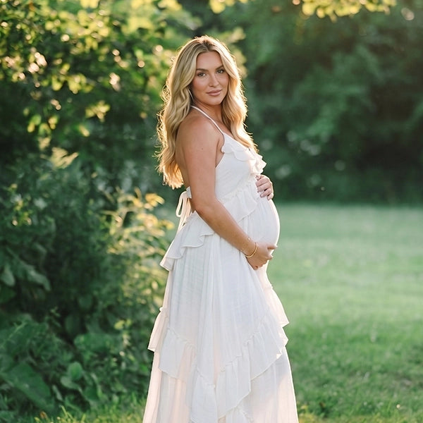 Boho White Maternity Maxi Dress for Outdoor Pregnancy Portraits | Bumplook