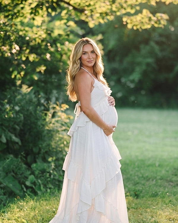 Boho White Maternity Maxi Dress for Outdoor Pregnancy Portraits | Bumplook