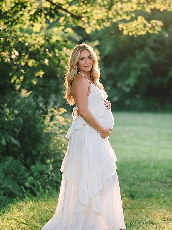 Boho White Maternity Maxi Dress for Outdoor Pregnancy Portraits | Bumplook