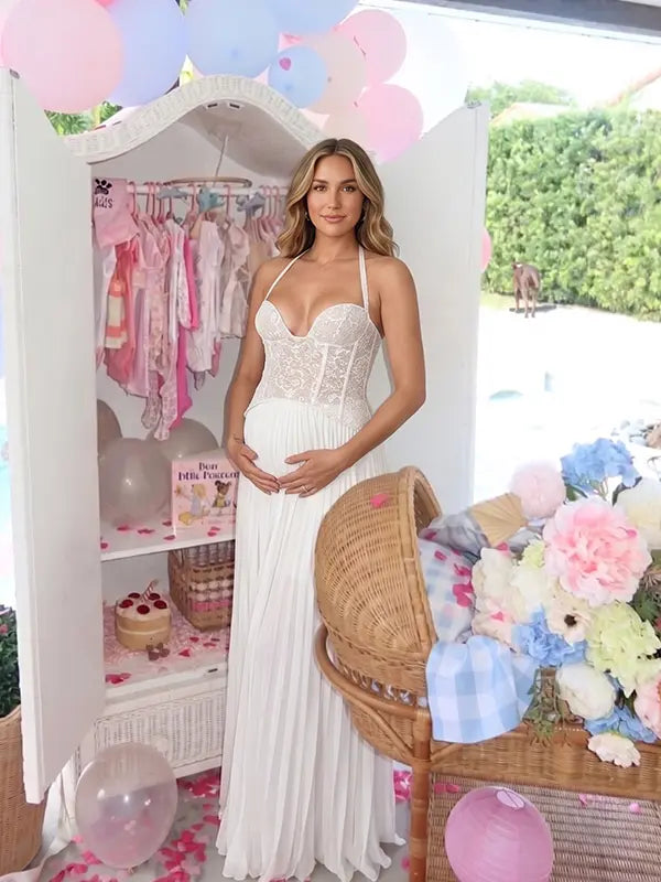Ivory White Maternity Dress, Halter Pleated Pregnancy Maxi Dress for Baby Shower, Maternity Photoshoot, Gender Reveal, Pregnancy Announcement, Bridal Shower, Formal Events | Bumplook