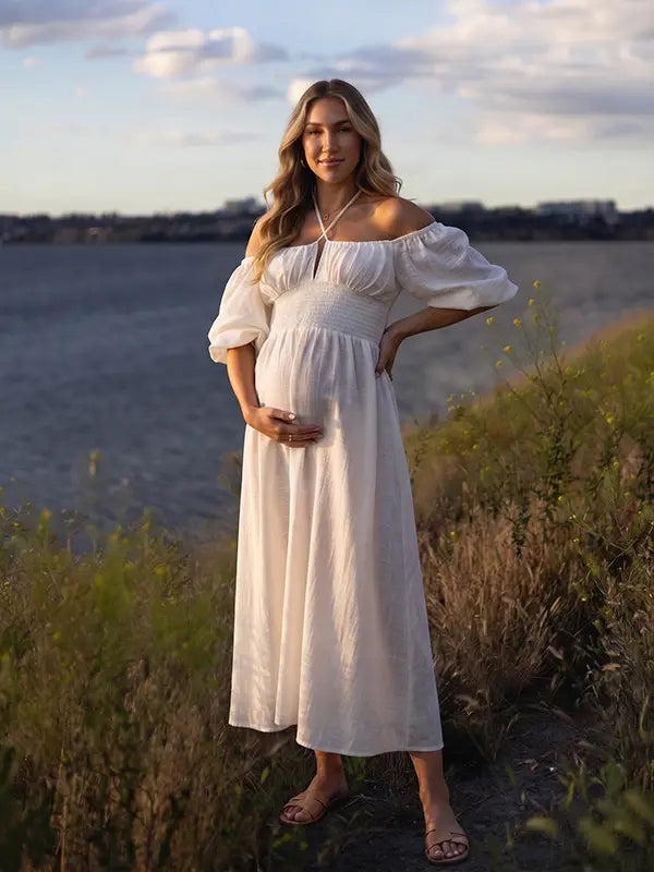 White Maternity Photoshoot Dress for Romantic Outdoor Pregnancy Portraits | Bumplook