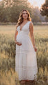 White Boho Lace Maternity Maxi Dress with Deep V-Neck, High Waist and Flowing Tiered Skirt | Bumplook